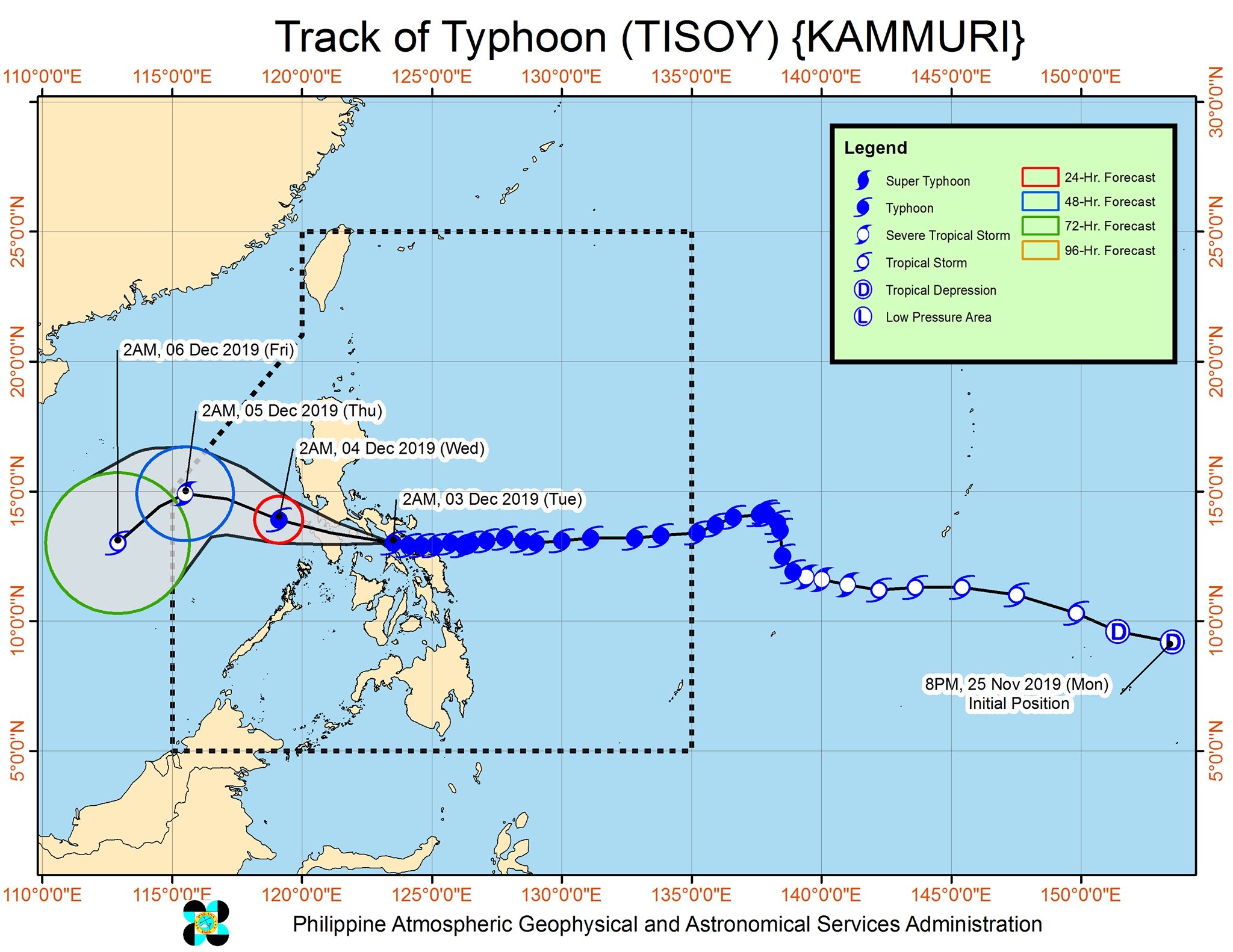 Forecast track of Typhoon Tisoy (Kammuri) as of December 3, 2019, 5 am. Image from PAGASA 