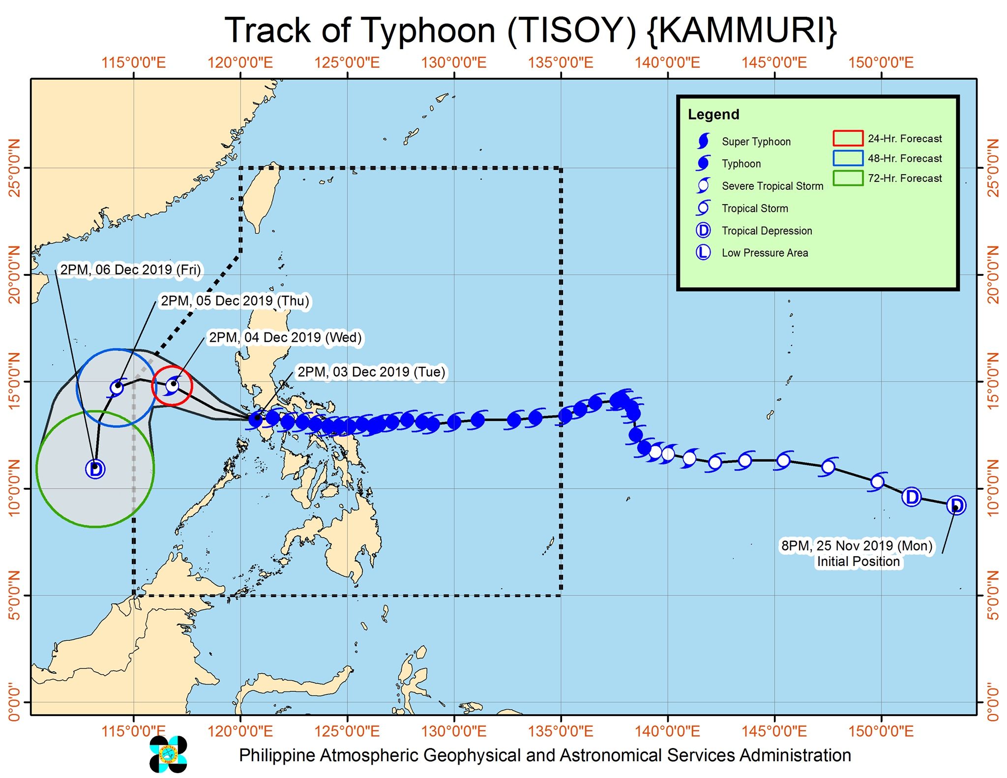 Forecast track of Typhoon Tisoy (Kammuri) as of December 3, 2019, 5 pm. Image from PAGASA 