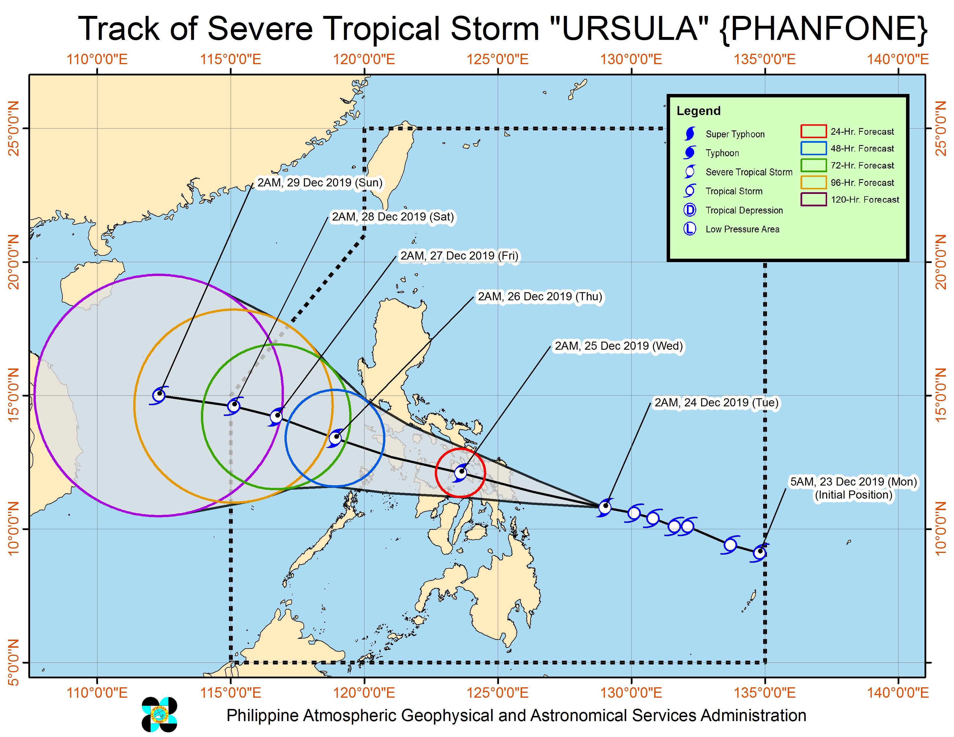 Forecast track of Severe Tropical Storm Ursula (Phanfone) as of December 24, 2019, 5 am. Image from PAGASA 