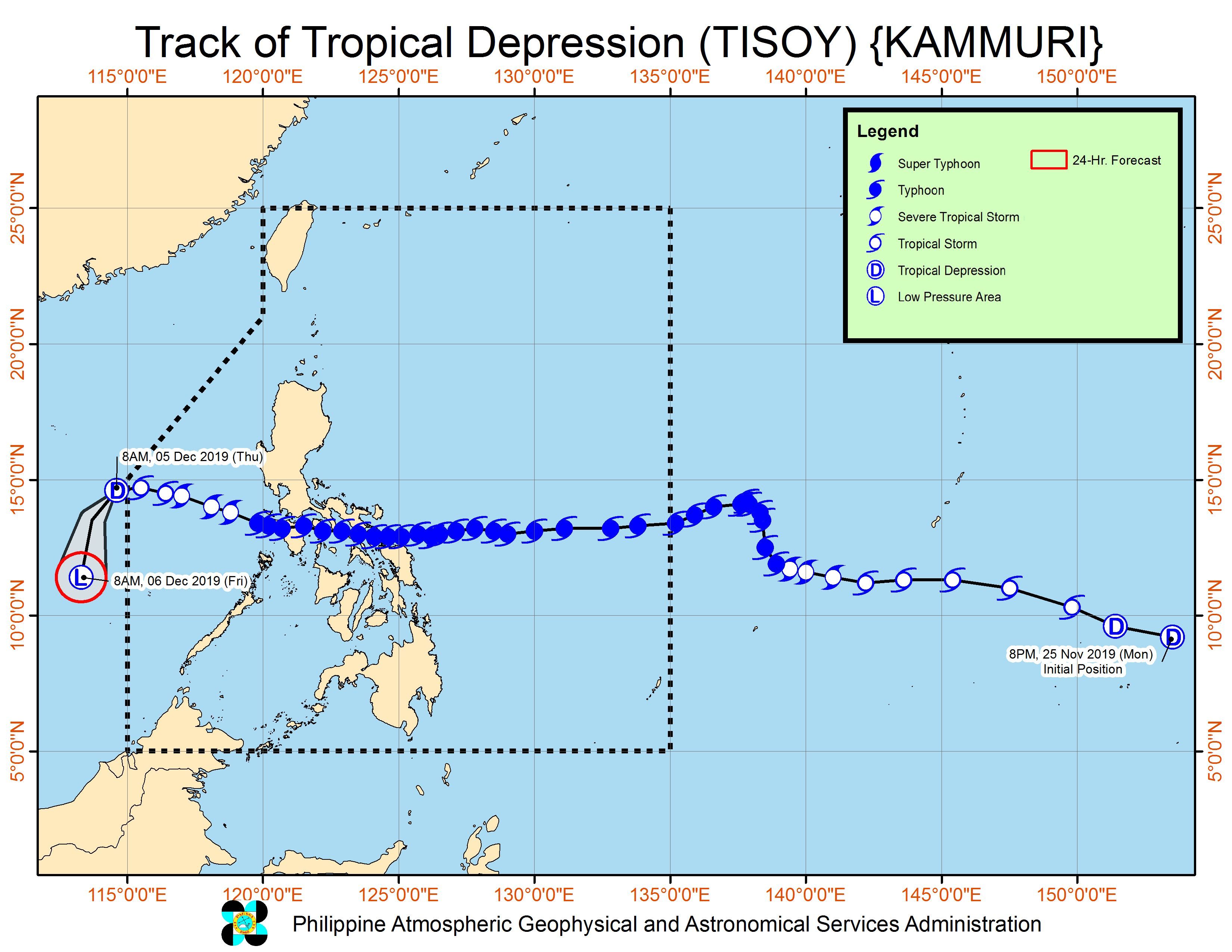 Forecast track of Tropical Depression Tisoy (Kammuri) as of December 5, 2019, 11 am. Image from PAGASA 
