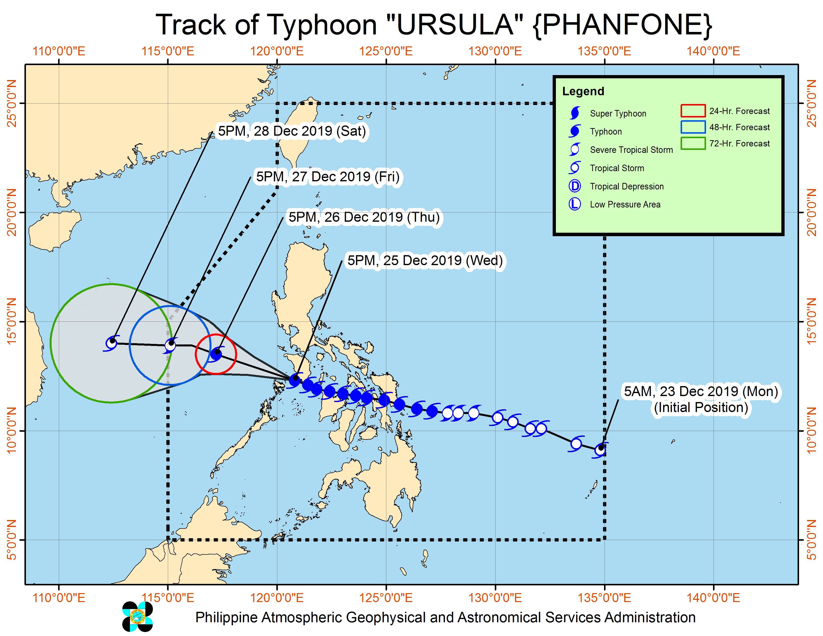 Forecast track of Typhoon Ursula (Phanfone) as of December 25, 2019, 8 pm. Image from PAGASA 