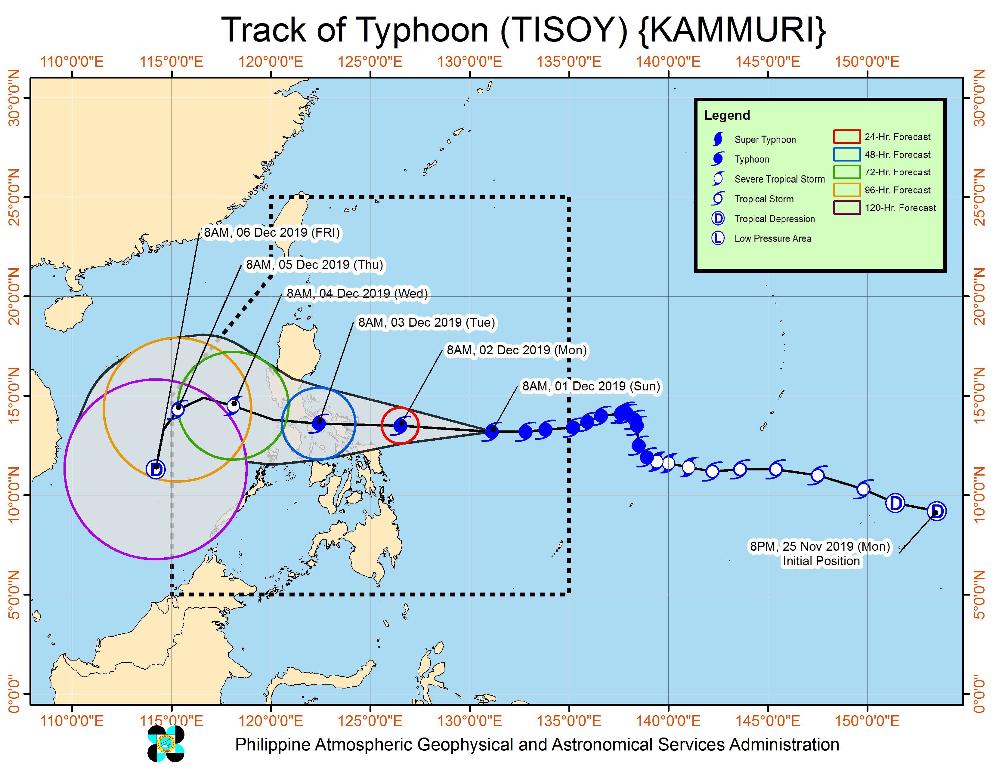 Forecast track of Typhoon Tisoy (Kammuri) as of December 1, 2019, 11 am. Image from PAGASA 