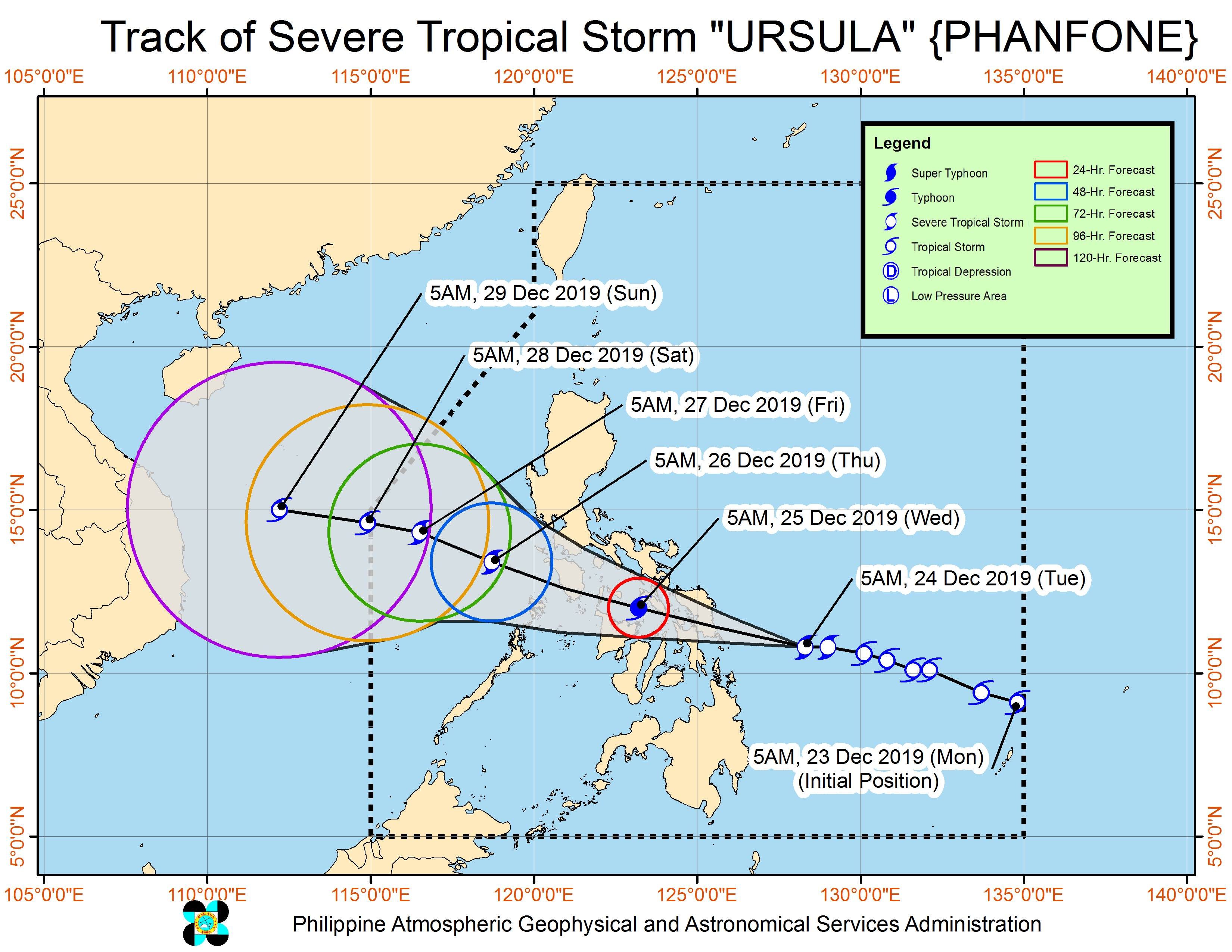 Forecast track of Severe Tropical Storm Ursula (Phanfone) as of December 24, 2019, 8 am. Image from PAGASA 
