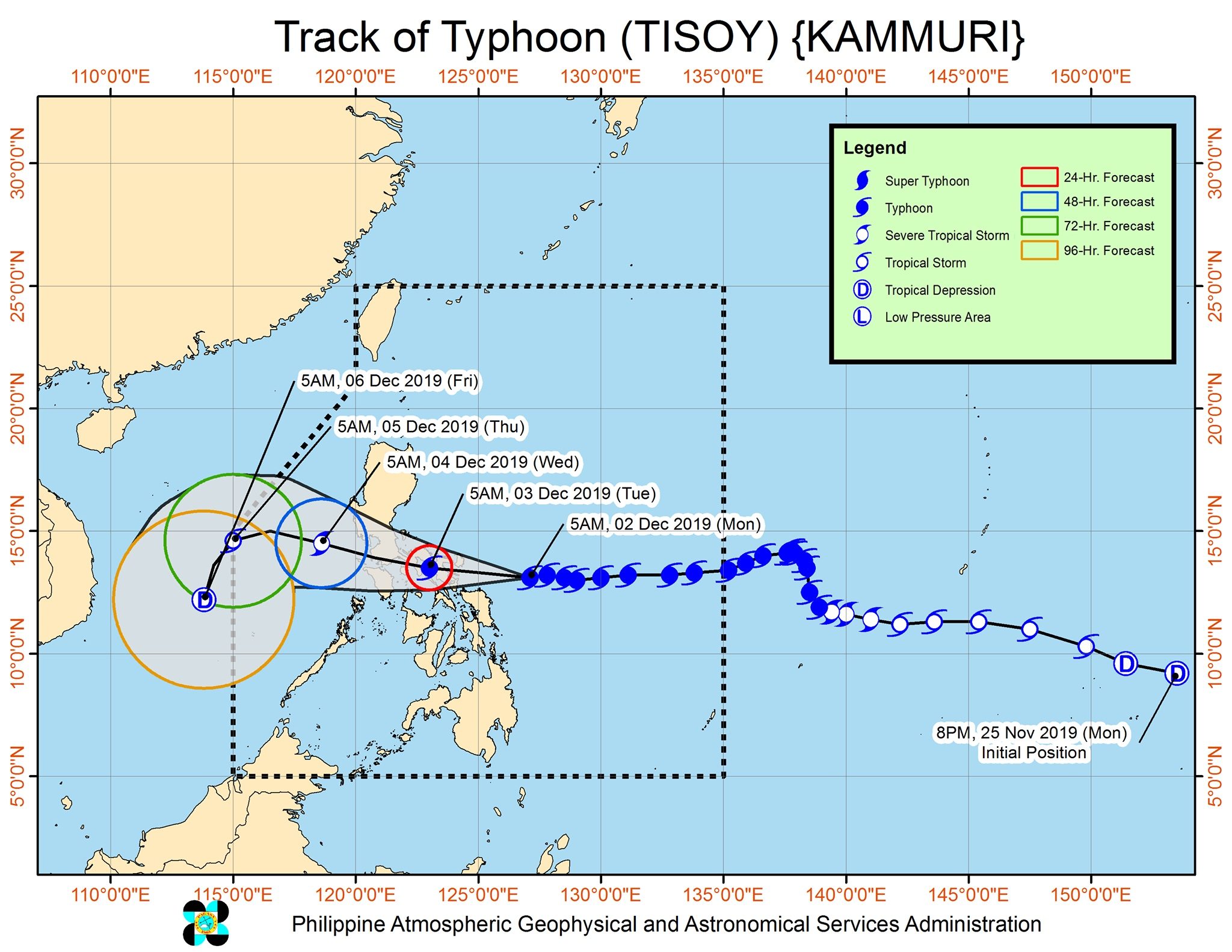Forecast track of Typhoon Tisoy (Kammuri) as of December 2, 2019, 8 am. Image from PAGASA 