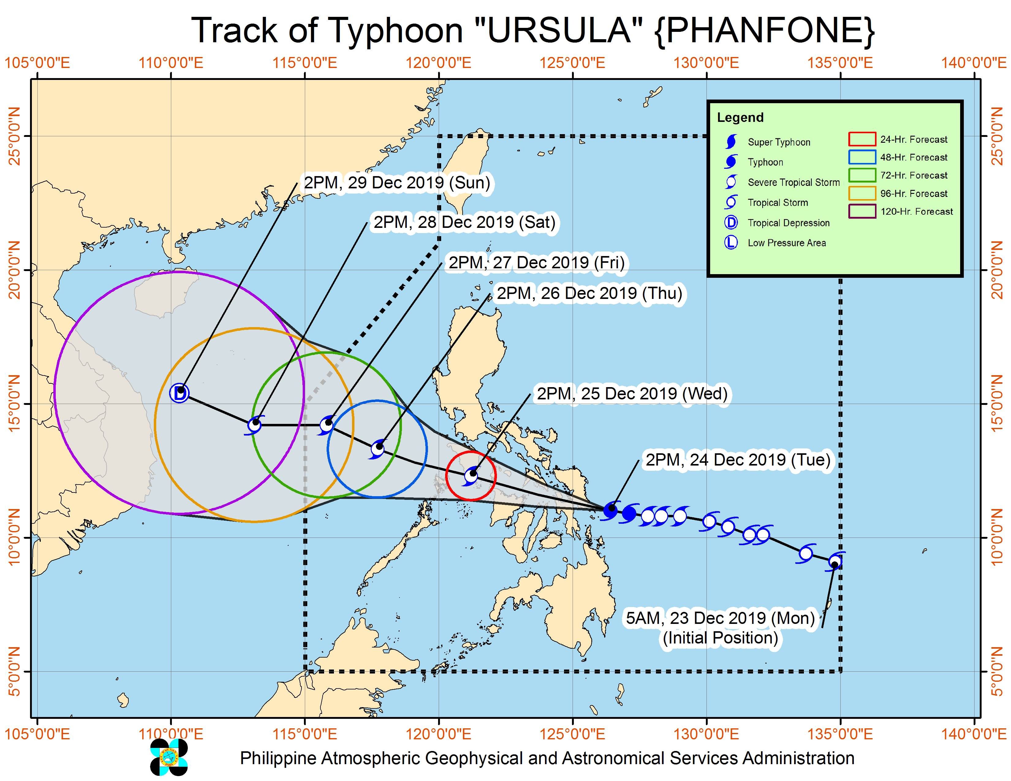Forecast track of Typhoon Ursula (Phanfone) as of December 24, 2019, 5 pm. Image from PAGASA 