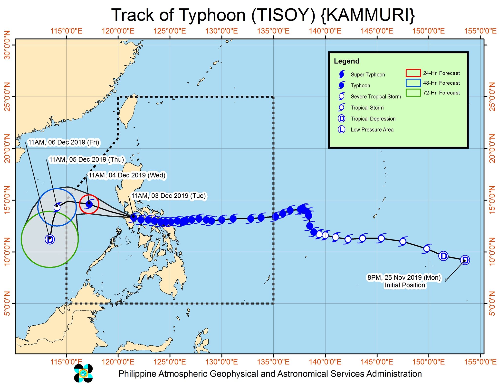 Forecast track of Typhoon Tisoy (Kammuri) as of December 3, 2019, 2 pm. Image from PAGASA 