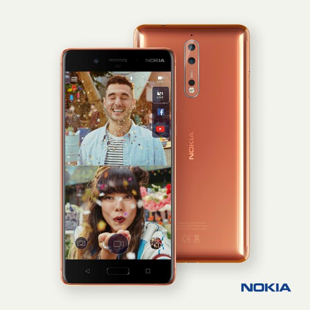FRONT VIEW. The Nokia 8 has a 5.3-inch quad HD display and combination of capacitive buttons and a home button in the middle.
 