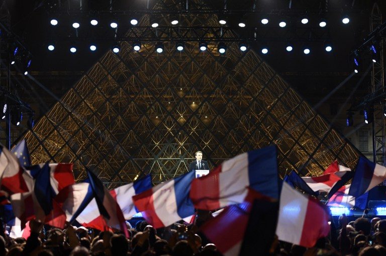 VICTORY SPEECH. French president-elect Emmanuel Macron delivers a speech in front of the Pyramid at the Louvre Museum in Paris on May 7, 2017, after the second round of the French presidential election. Photo by Eric Feferberg/AFP   