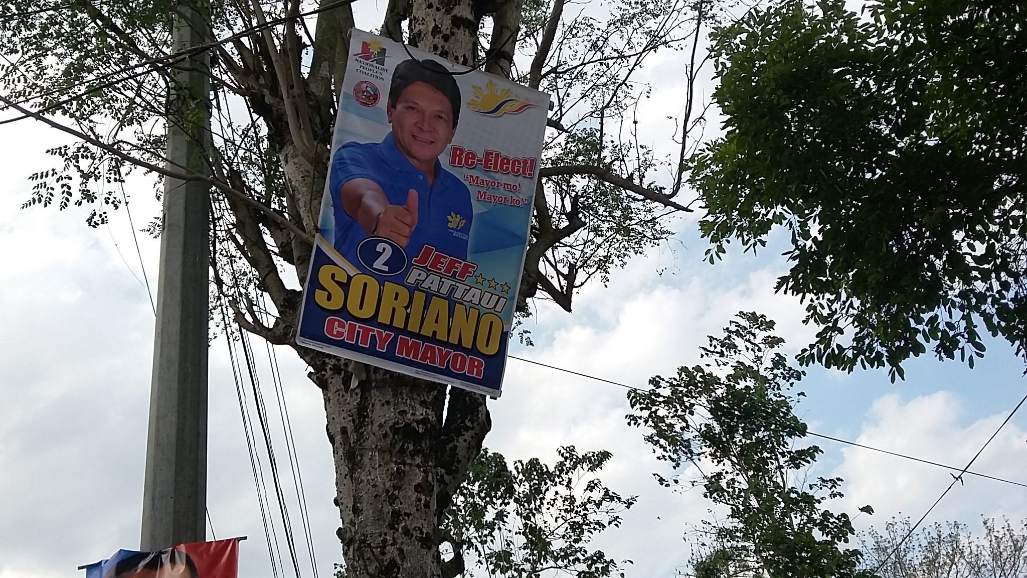 VIOLATION. A campaign poster of suspended Tuguegarao mayor Jefferson Soriano hangs on a tree, disregarding the common poster area rule. Rappler photo
  