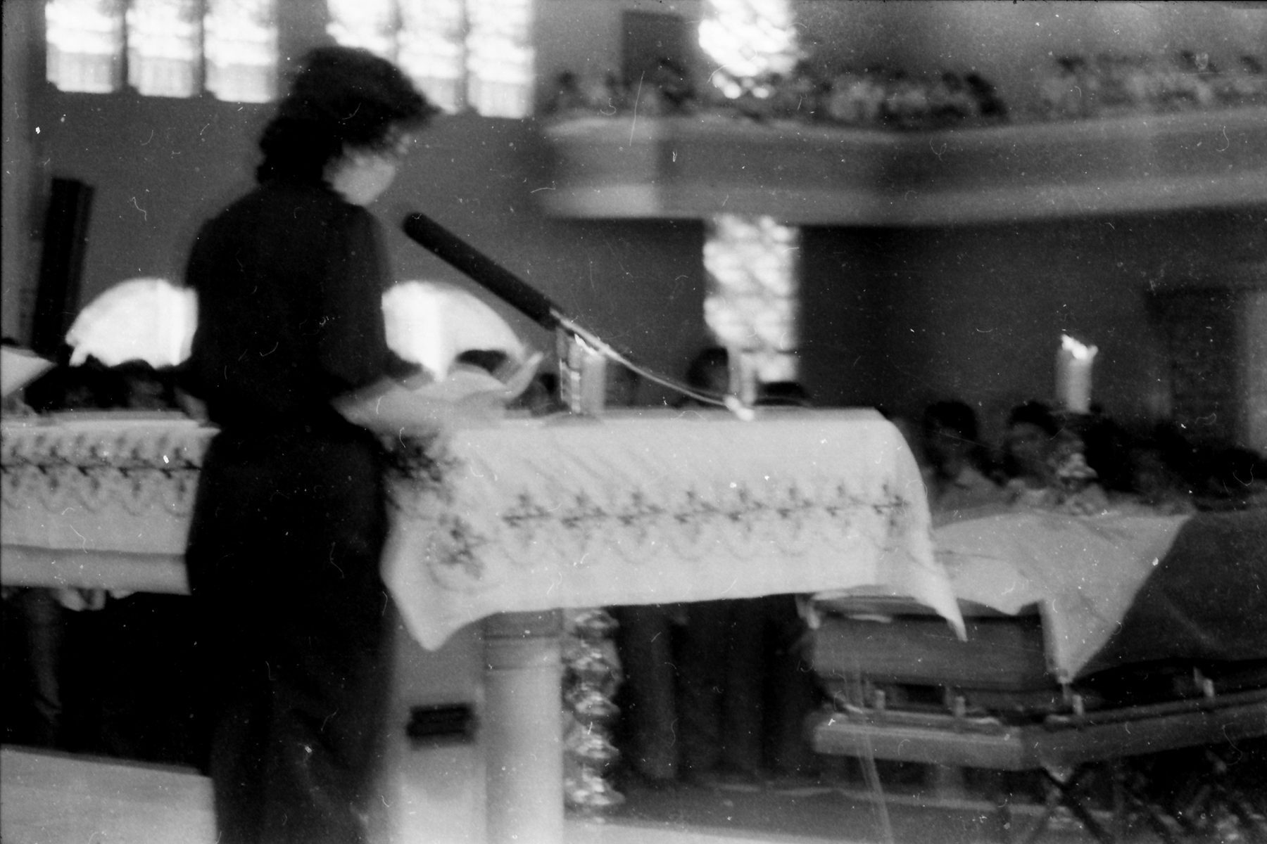 WOULD-BE PRESIDENT. Cory Aquino, then just a plain housewife, addresses the crowd at the wake of her husband, Ninoy in Sto Domingo church in Quezon City.  