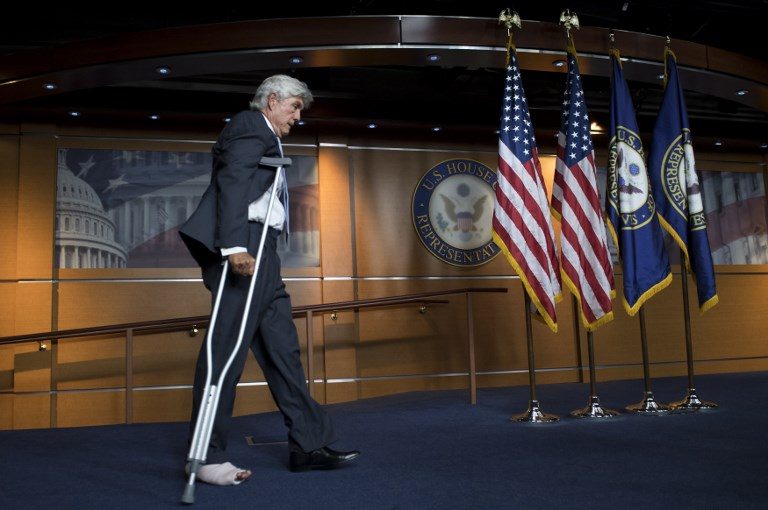 CASUALTY. Texas Representative Roger Williams, coach of the US House Republican baseball team, arrives on crutches at a press conference on Capitol Hill in Washington DC on June 14, 2017. Photo by Saul Loeb/AFP     