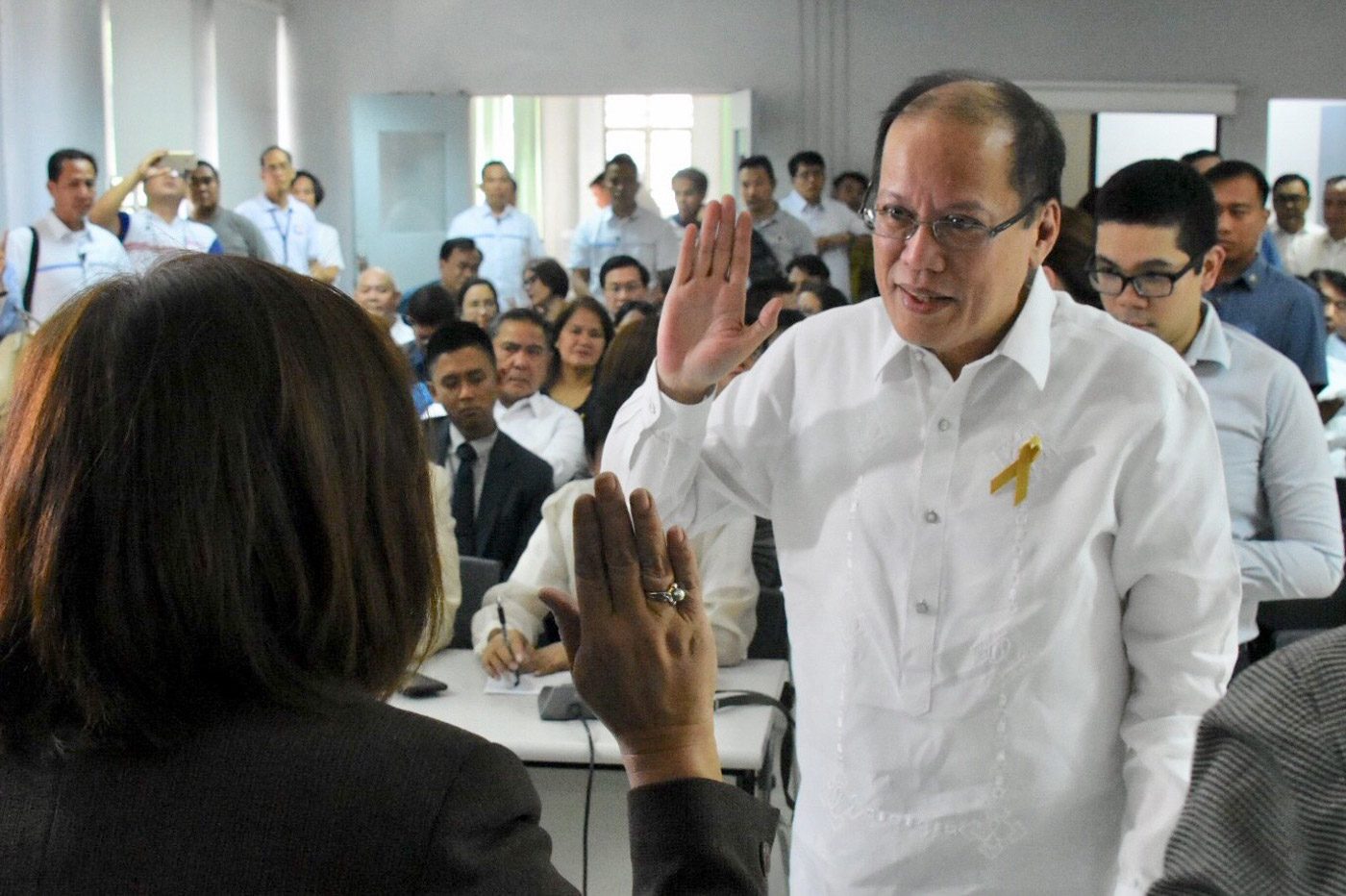 GRAFT COMPLAINT. Former president Benigno Aquino III appears before the Department of Justice on June 4, 2018, to respond to the graft complaint filed against him over the Dengvaxia controversy. Photo by Angie de Silva/Rappler  