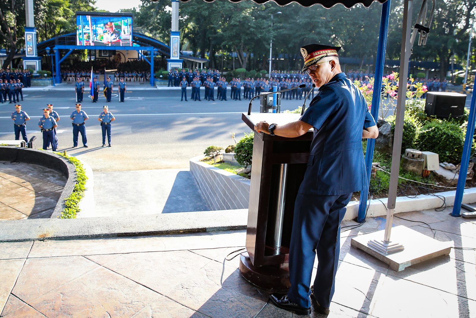 LAST MESSAGE. General Oscar Albayalde delivers his goodbye message in Camp Crame, where he announced his resignation as Philippine National Police chief following the 'ninja cops' controversy. Photo from PNP 
