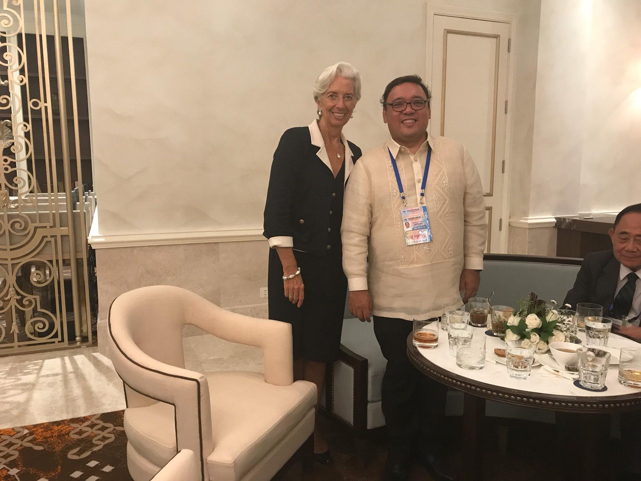 IMF HEAD. Presidential Spokesperson Harry Roque poses with IMF Managing Director Christine Lagarde. 