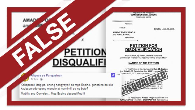 FALSE: Amado Espino III and Jumel Espino ‘disqualified’ in Pangasinan