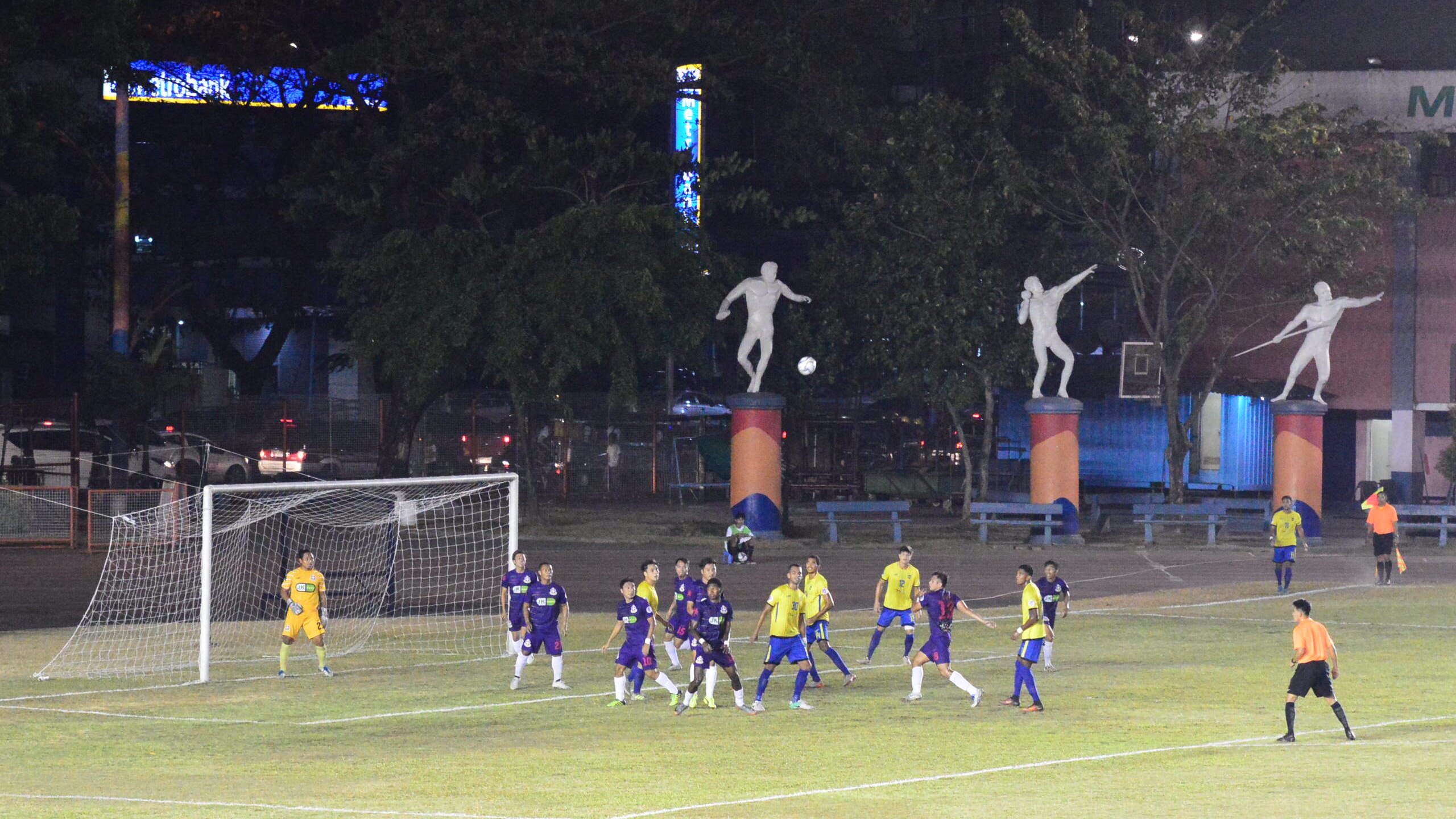 UNIQUE. Greco athletes tower over pitch, where JPV Marikina hosted Global Cebu in the opener of the Philippines Football League. It was the first home game of Marikina in a pitch that is truly their home. Photo by Bob Guerrero  
