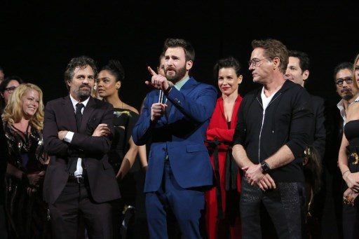 ENDGAME. Mark Ruffalo, Chris Evans, and Robert Downey Jr. speak onstage during the World Premiere of Marvel Studios' 'Avengers: Endgame' in Los Angeles, California. Photo by Jesse Grant/Getty Images for Disney/AFP 