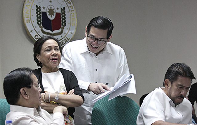 DELIBERATIONS. Senators, including Bam Aquino (3rd from left) at the bicameral conference committee on the disagreeing provisions between the Senate and House versions of the Philippine Competition Act of 2014. Senate PRIB photo by Alex Nueva España     
