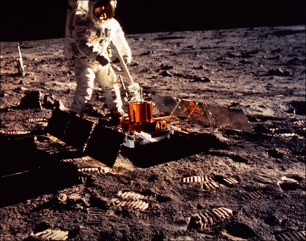 ALDRIN ON THE MOON. Apollo 11 space mission US astronaut Buzz Aldrin is seen conducting experiments with the Passive Experiment Package (PSE) on the moon's surface on a picture taken by Neil Armstrong after both climbed down the ladder of the lunar module "Eagle" on July 21, 1969. File photo by NASA/AFP 