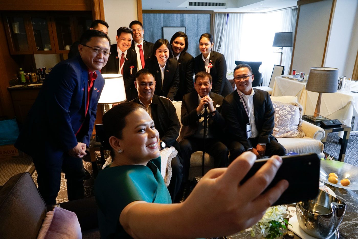 GROUP PHOTO. Davao Cit Mayor Sar Duterte takes a photo with the presidential delegation to the enthronment of Emperor Naruhito in Tokyo, Japan, on October 22, 2019. Her father holds a cane to support is aching back. Malacanang Photo 