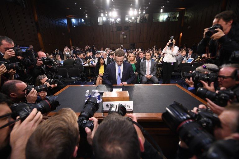 ON THE HOT SEAT. Facebook CEO Mark Zuckerberg arrives to testify before a joint hearing of the US Senate Commerce, Science and Transportation Committee and Senate Judiciary Committee on Capitol Hill, April 10, 2018, in Washington, DC. Photo by Jim Watson/AFP   
