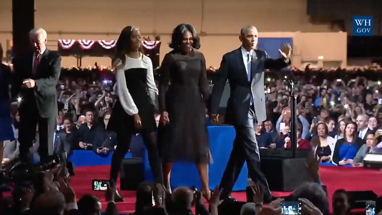 (L-R) Vice President Joe Biden, Malia Obama, First Lady Michelle Obama, and President Barack Obama after the speech. Frame grab from White House live stream 
