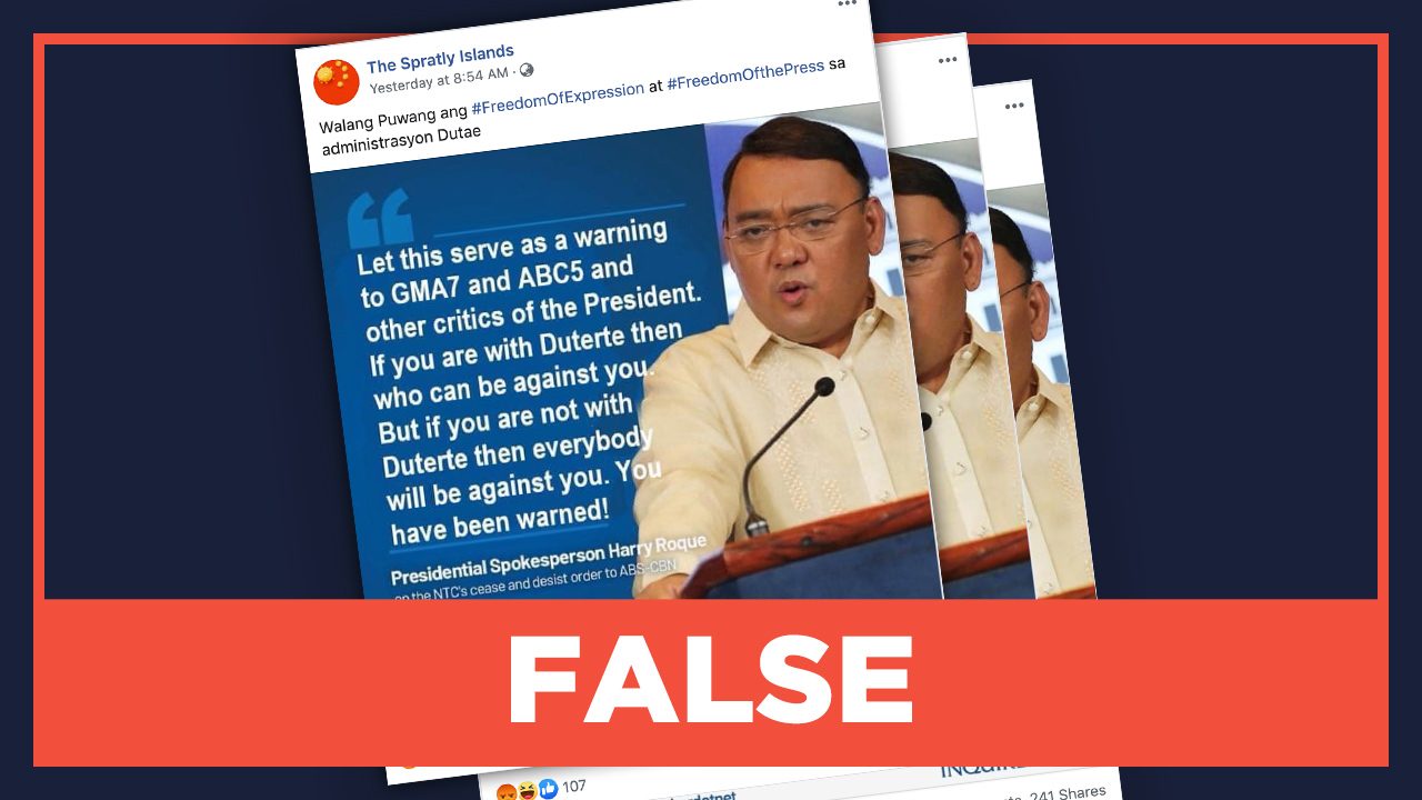 FALSE: Roque warning vs GMA, TV5 on criticizing Duterte