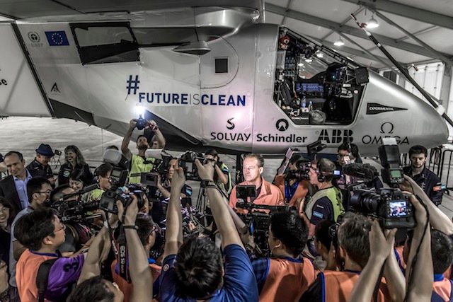 'FUTURE IS CLEAN' André Borschberg (CEO, Co-founder and pilot) in front of the media before boarding Solar Impulse 2, May 31, 2015. Image courtesy Solar Impulse/Pizzolante 
