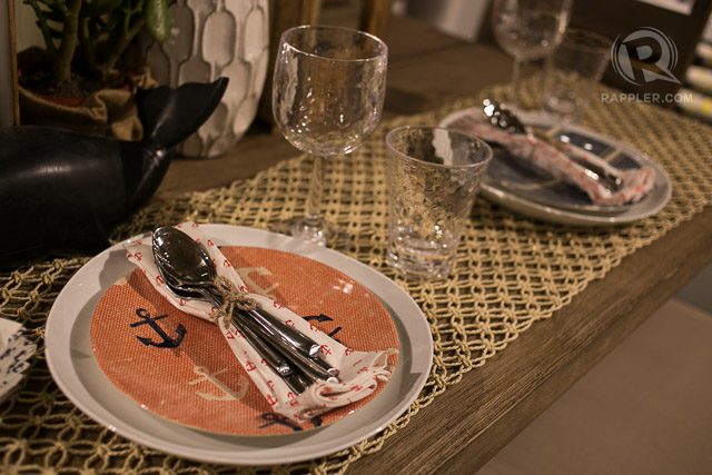 Outdoor/Loft Section. Dining setup sample. Nautical Melamine Plate (Dinner plate (P395), Salad plate (P365)). Acrylic Wine Glass (P295), Small Tumbler (P245).Promenade Flatware (20 piece set, P3250) 