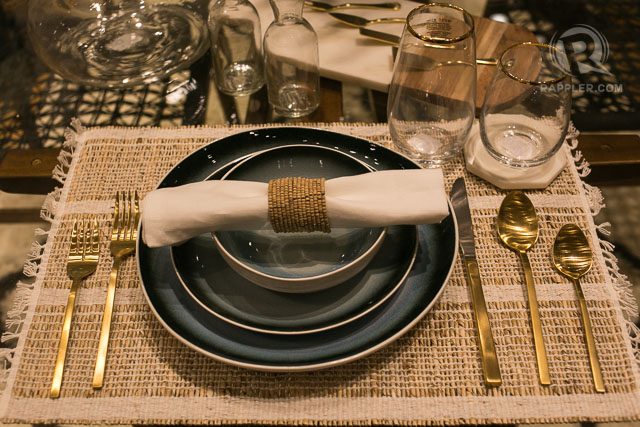 Dining setup sample. Gold Flatware 5pc setting (P2250, 5pc set). Crinkled dinnerware (Salad plate (P445 ea), bowl (P445 ea), Dinner plate (P695 ea). Metallic Rim Wine Glass Gold (P445 ea), Metallic Rim Water tumbler Gold (P445 ea). 