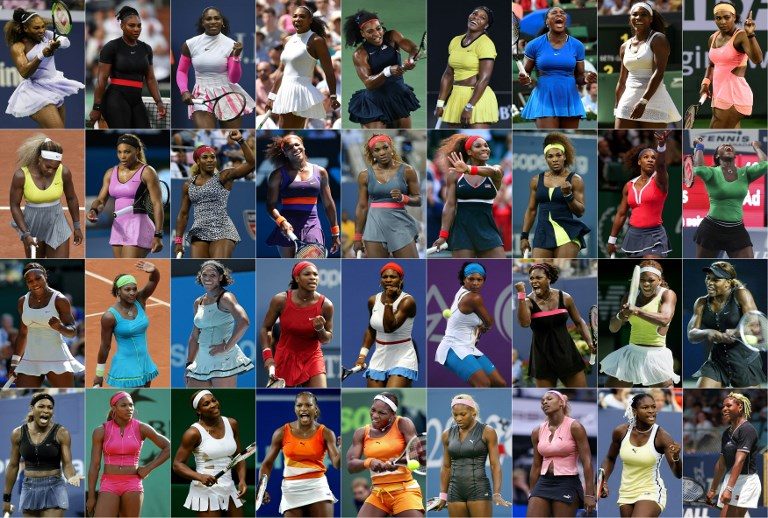 A DECADE OF TENNIS. This combination of file photos created on September 4, 2018 shows the various outfits worn by US tennis player Serena Williams going back from 2018 to 1998. Photo by AFP  