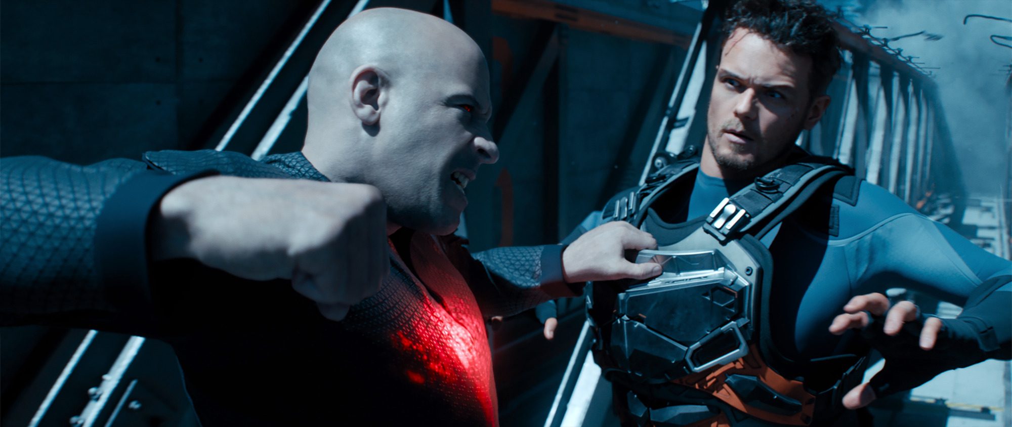FIGHT. Bloodshot (Vin Diesel) and Jimmy Dalton (Sam Heughan). 