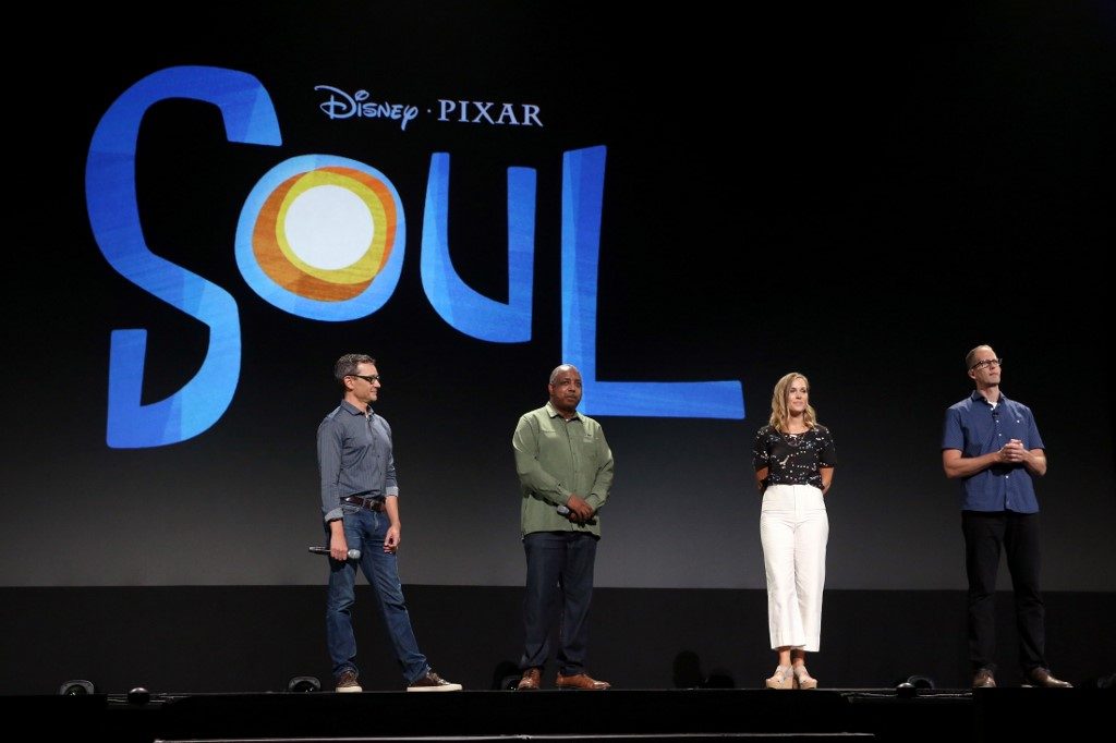 SOUL. Writer Mike Jones, Co-Director Kemp Powers, Producer Dana Leigh Murray and Director Pete Docter of 'Soul' at the Walt Disney Studios presentation at Disneys D23 EXPO 2019. 'Soul' will be released in the US on June 19, 2020. Photo by Jesse Grant/Getty Images for Disney/AFP 