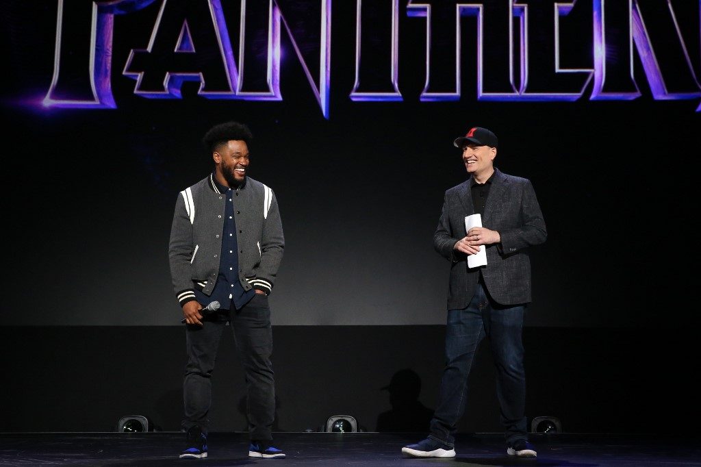 BACK. Ryan Coogler of 'Black Panther 2' and President of Marvel Studios Kevin during the the Walt Disney Studios presentation at Disneys D23 EXPO 2019 in Anaheim, California. Photo by Jesse Grant/Getty Images for Disney/AFP 