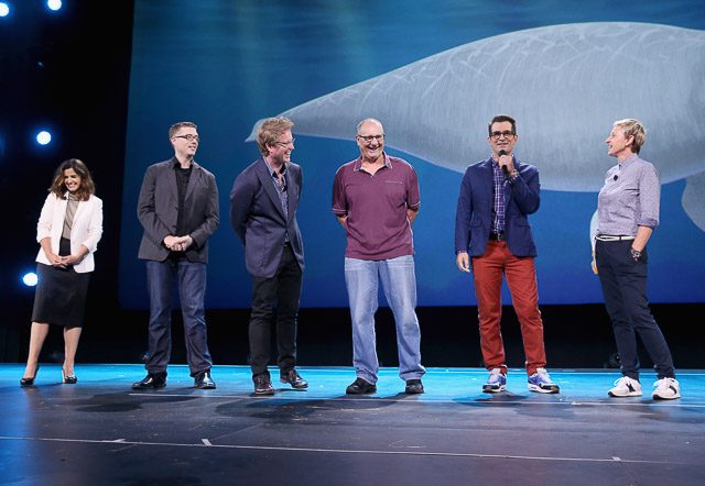 FIRST LOOK. Producer Lindsey Collins, directors Angus MacLane and Andrew Stanton and actors Ed O'Neill, Ty Burrell and Ellen DeGeneres talk about 'Finding Dory.' Photo by Jesse Grant/Getty Images for Disney 