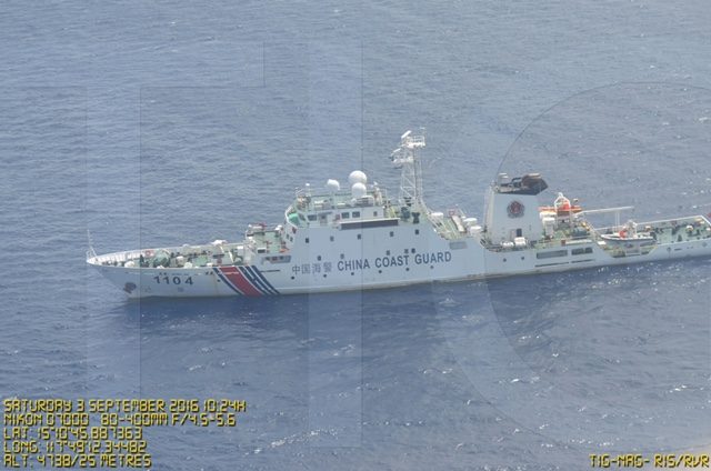 A ship of the China Coast Guard near Bajo de Masinloc (Scarborough Shoal), September 3, 2016. Photo courtesy Philippine Department of Defense 