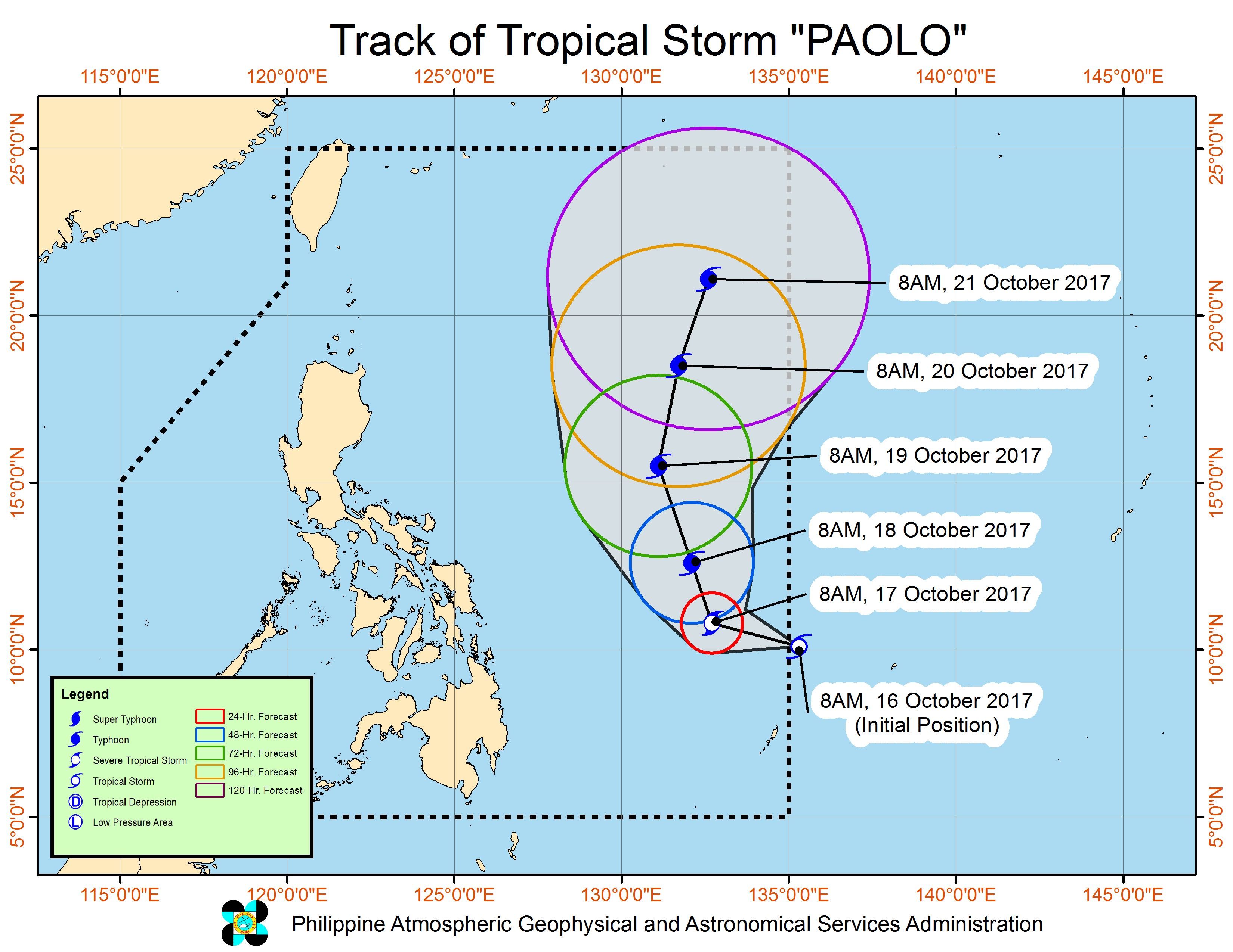 Forecast track of Tropical Storm Paolo as of October 16, 11 am. Image courtesy of PAGASA 
