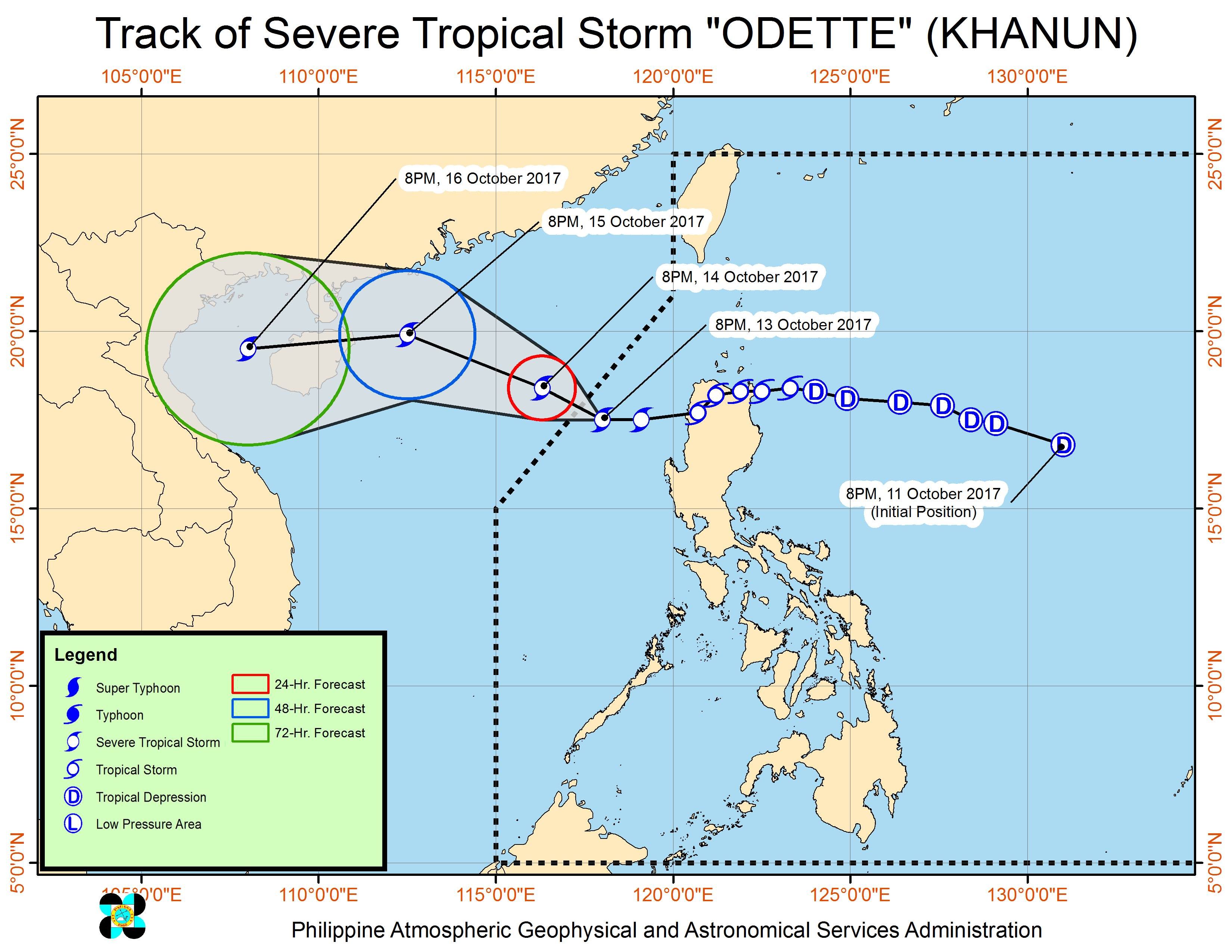 Forecast track of Severe Tropical Storm Odette as of October 13, 11 pm. Image courtesy of PAGASA 