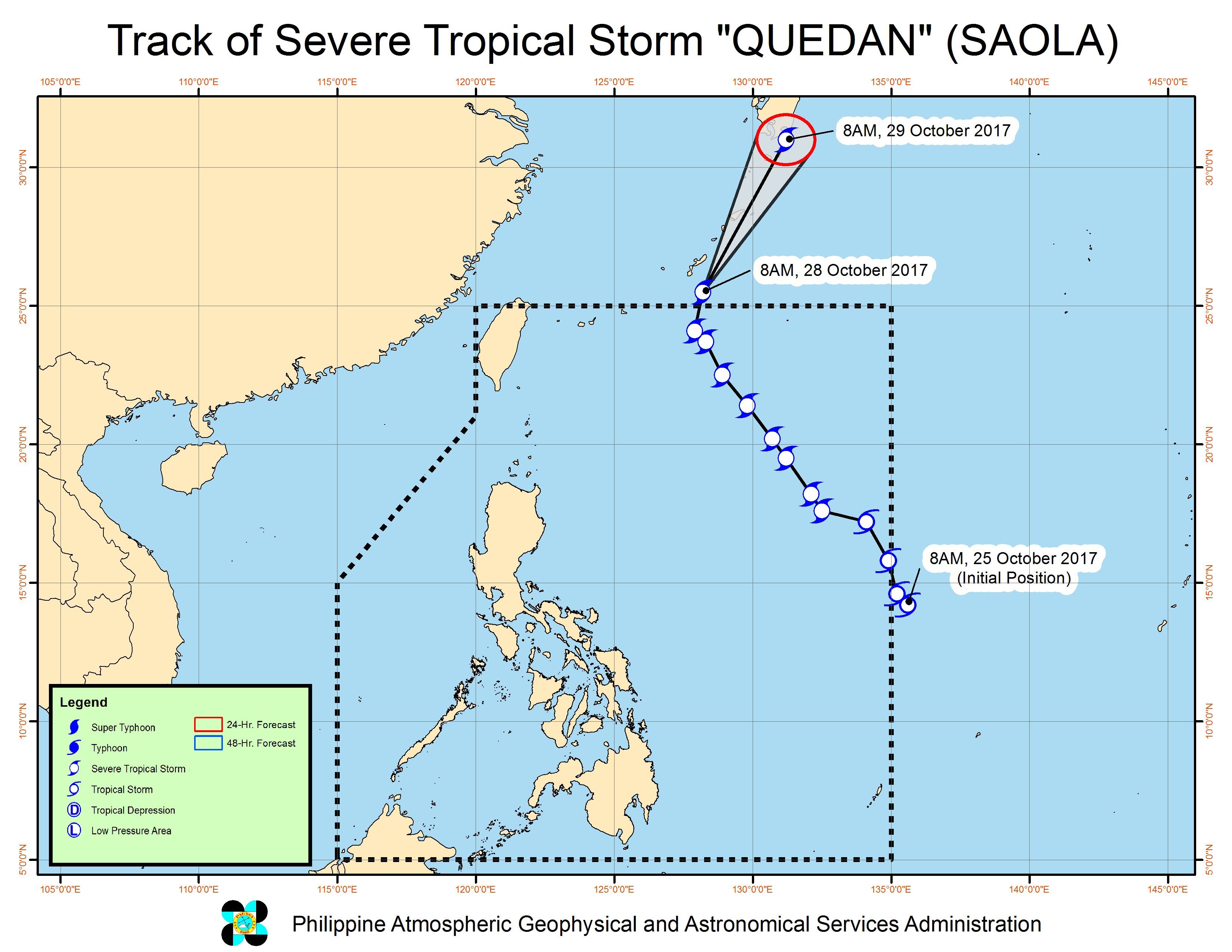 Forecast track of Severe Tropical Storm Quedan as of October 28, 11 am. Image courtesy of PAGASA 