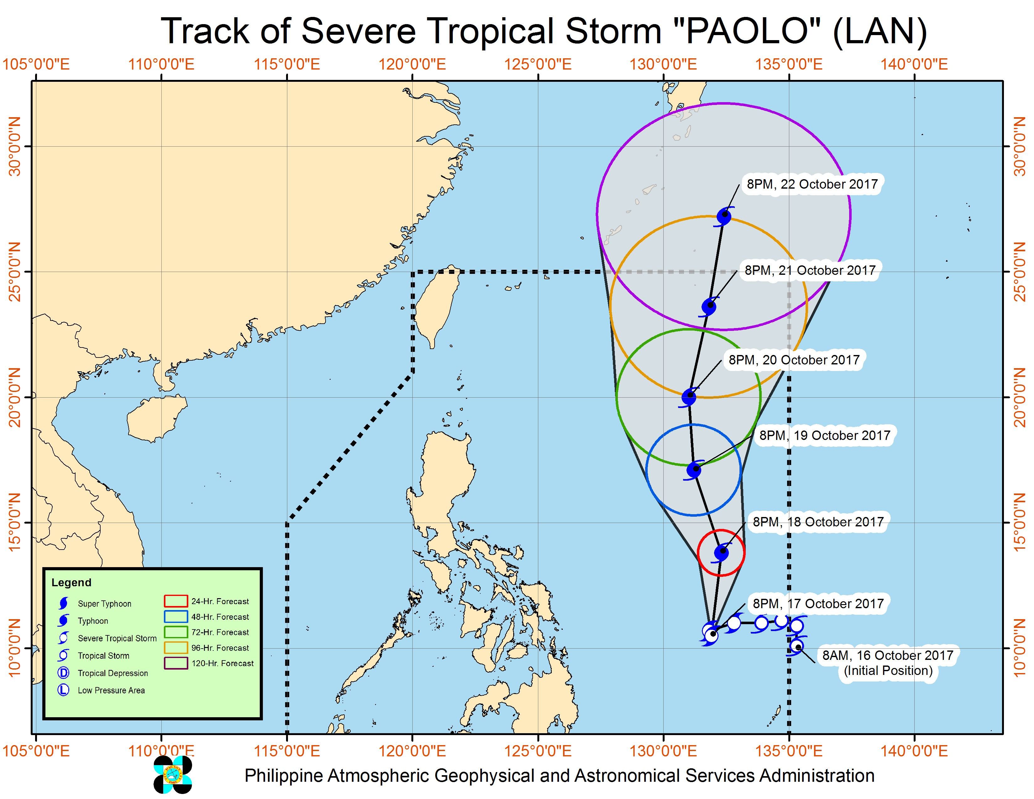 Forecast track of Severe Tropical Storm Paolo as of October 17, 11 pm. Image courtesy of PAGASA 