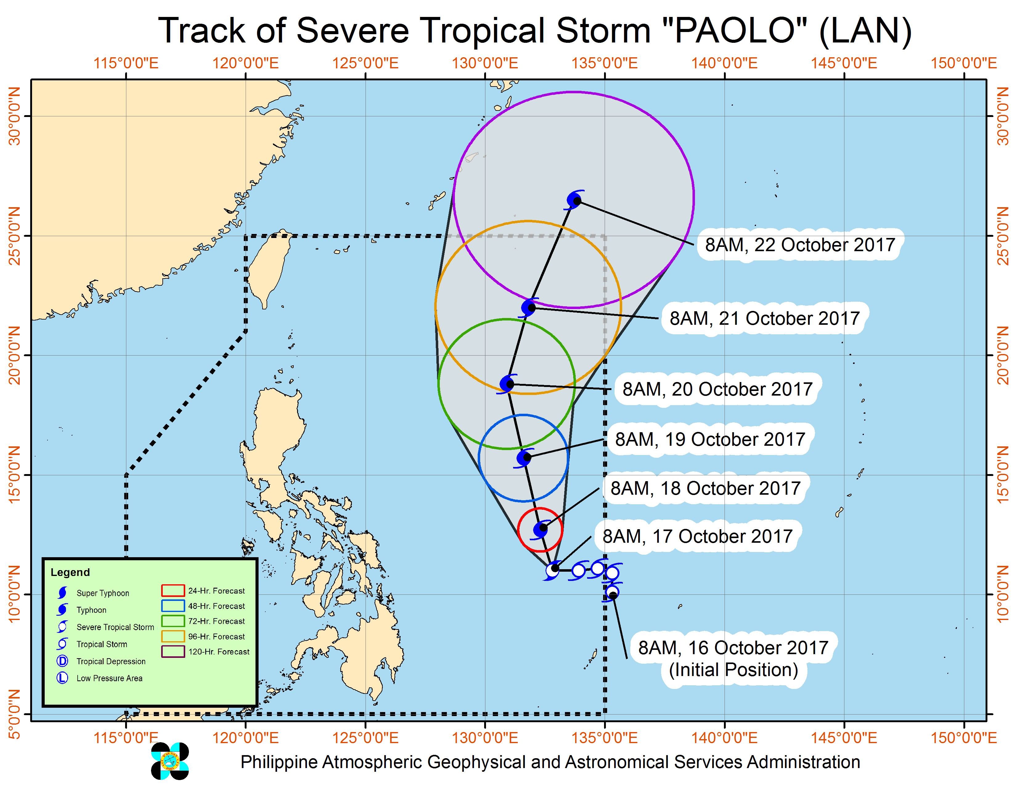 Forecast track of Tropical Storm Paolo as of October 17, 11 am. Image courtesy of PAGASA 