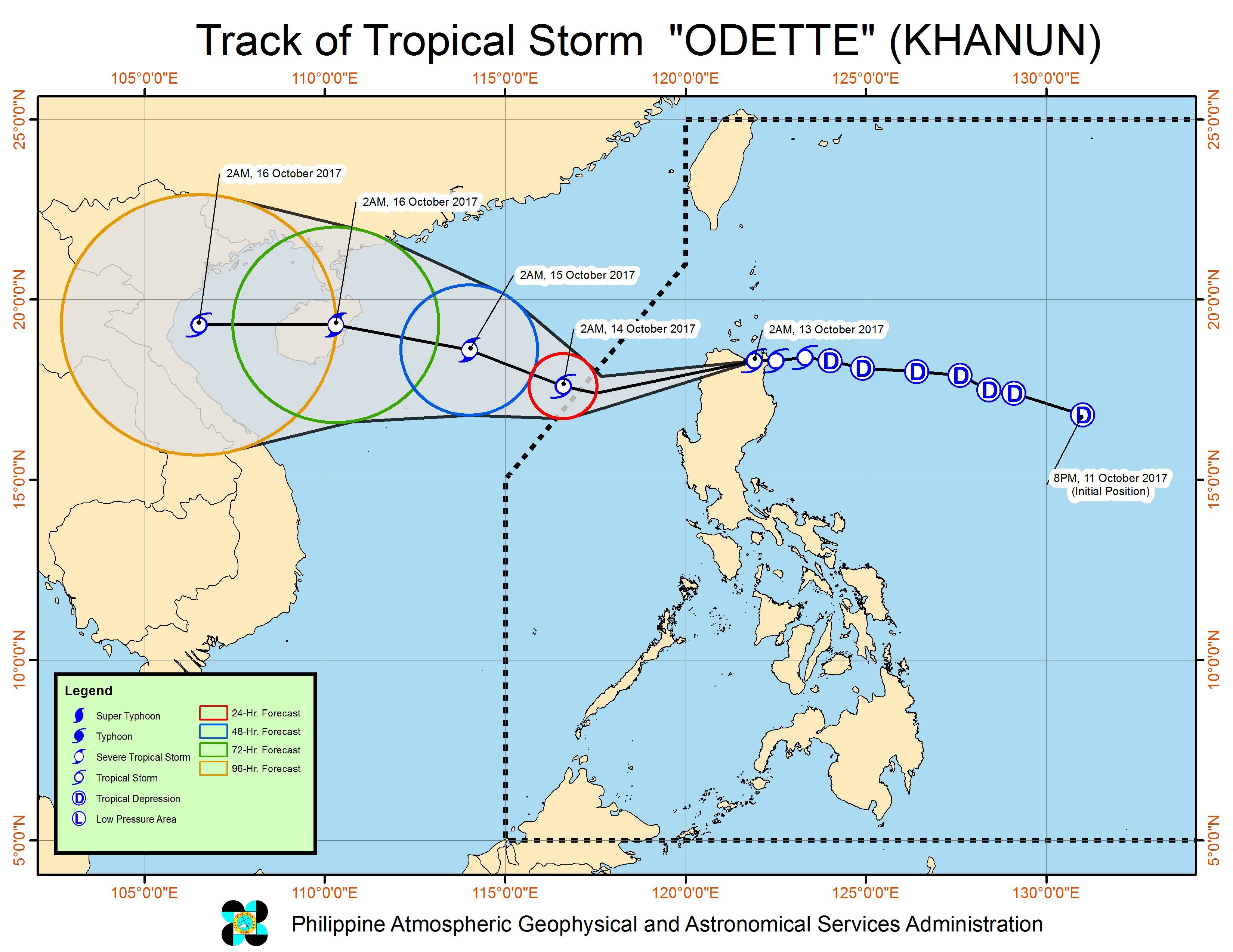 Forecast track of Tropical Storm Odette as of October 13, 5 am. Image courtesy of PAGASA 