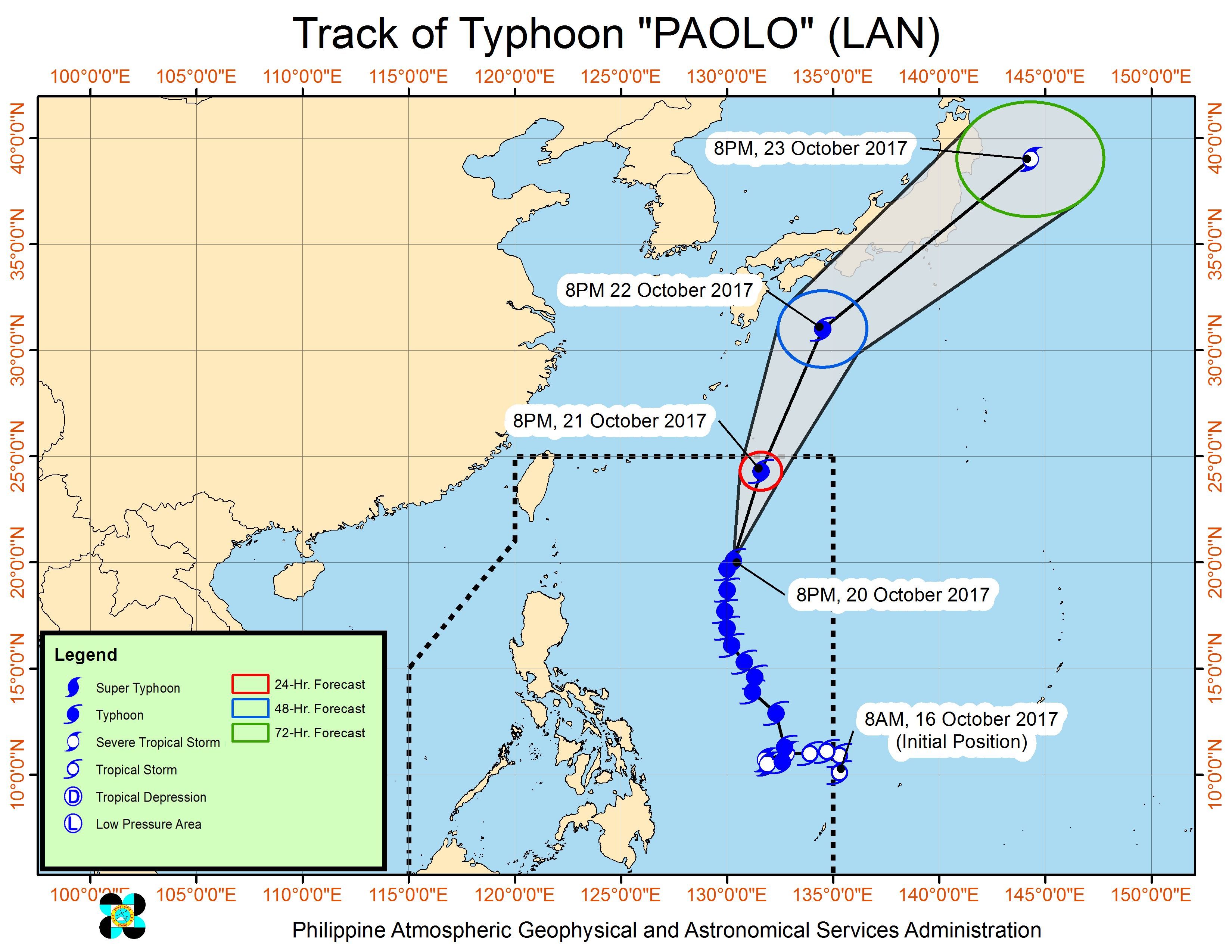 Forecast track of Typhoon Paolo as of October 20, 11 pm. Image courtesy of PAGASA 