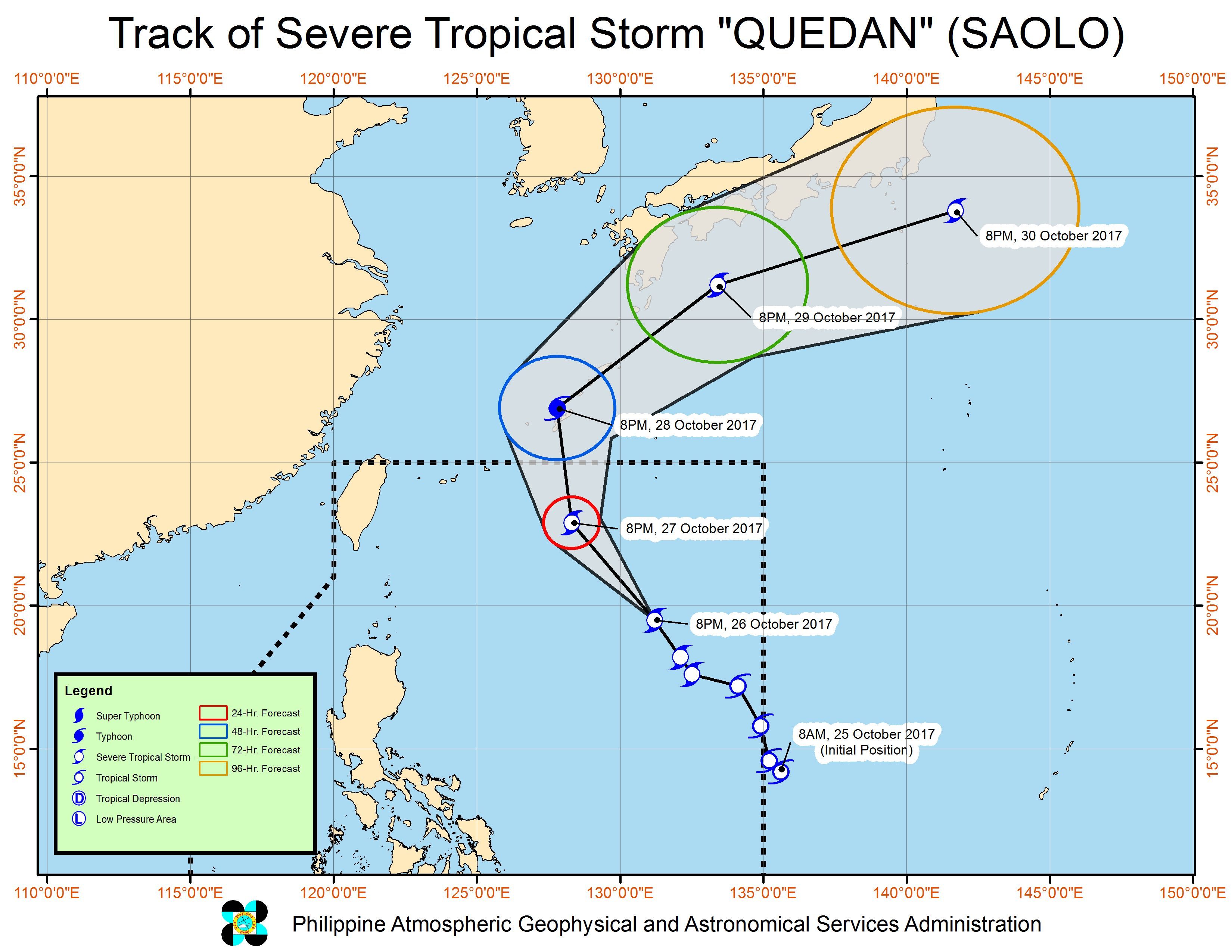 Forecast track of Severe Tropical Storm Quedan as of October 26, 11 pm. Image courtesy of PAGASA 