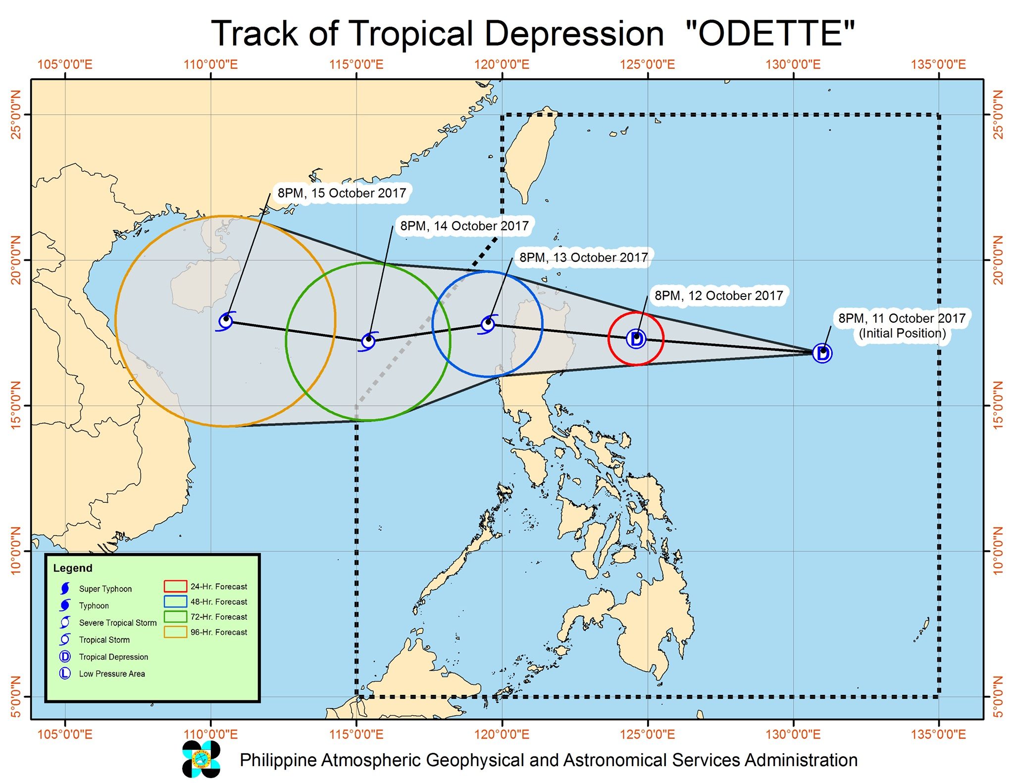 Forecast track of Tropical Depression Odette as of October 11, 11 pm. Image courtesy of PAGASA 
