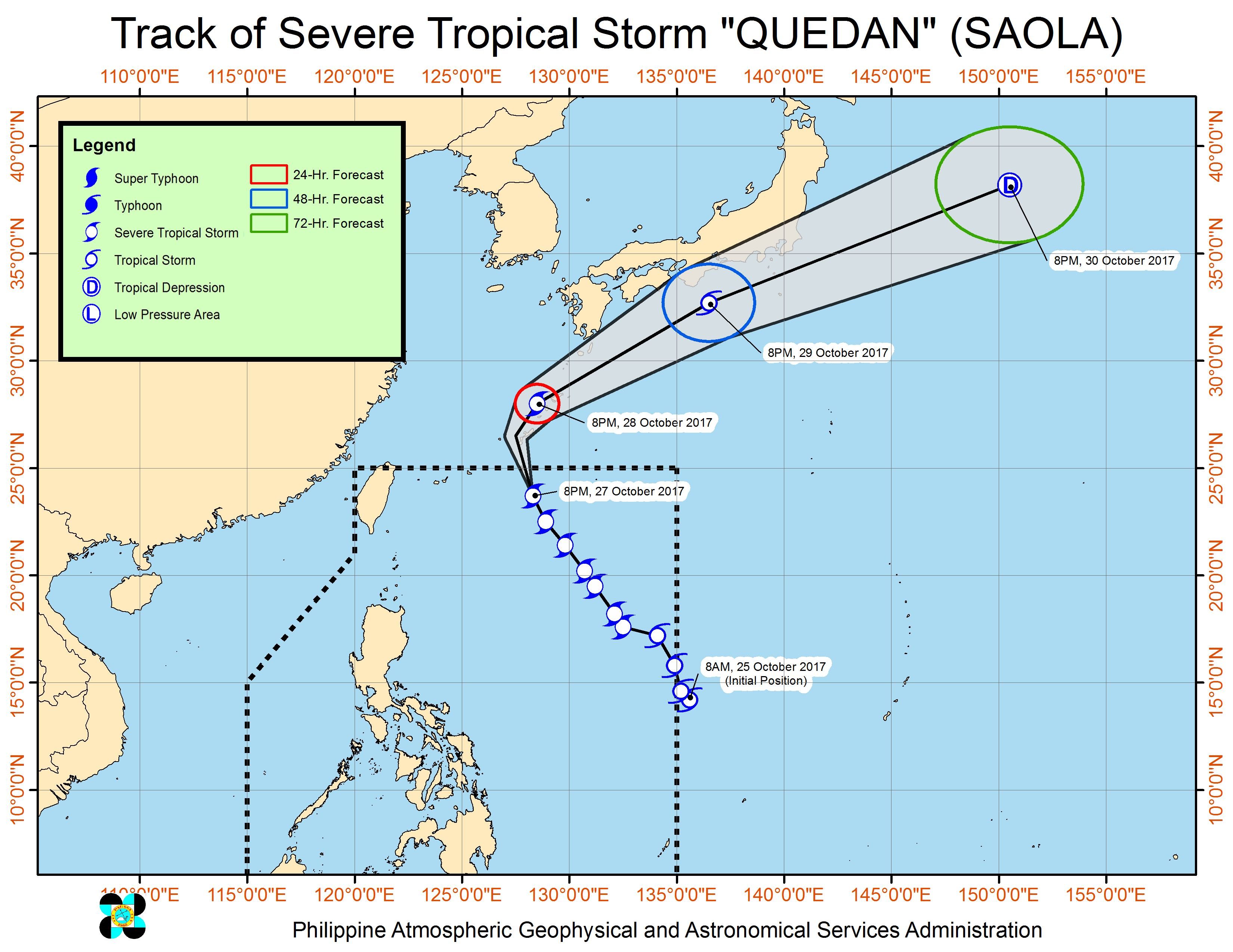 Forecast track of Severe Tropical Storm Quedan as of October 27, 11 pm. Image courtesy of PAGASA 