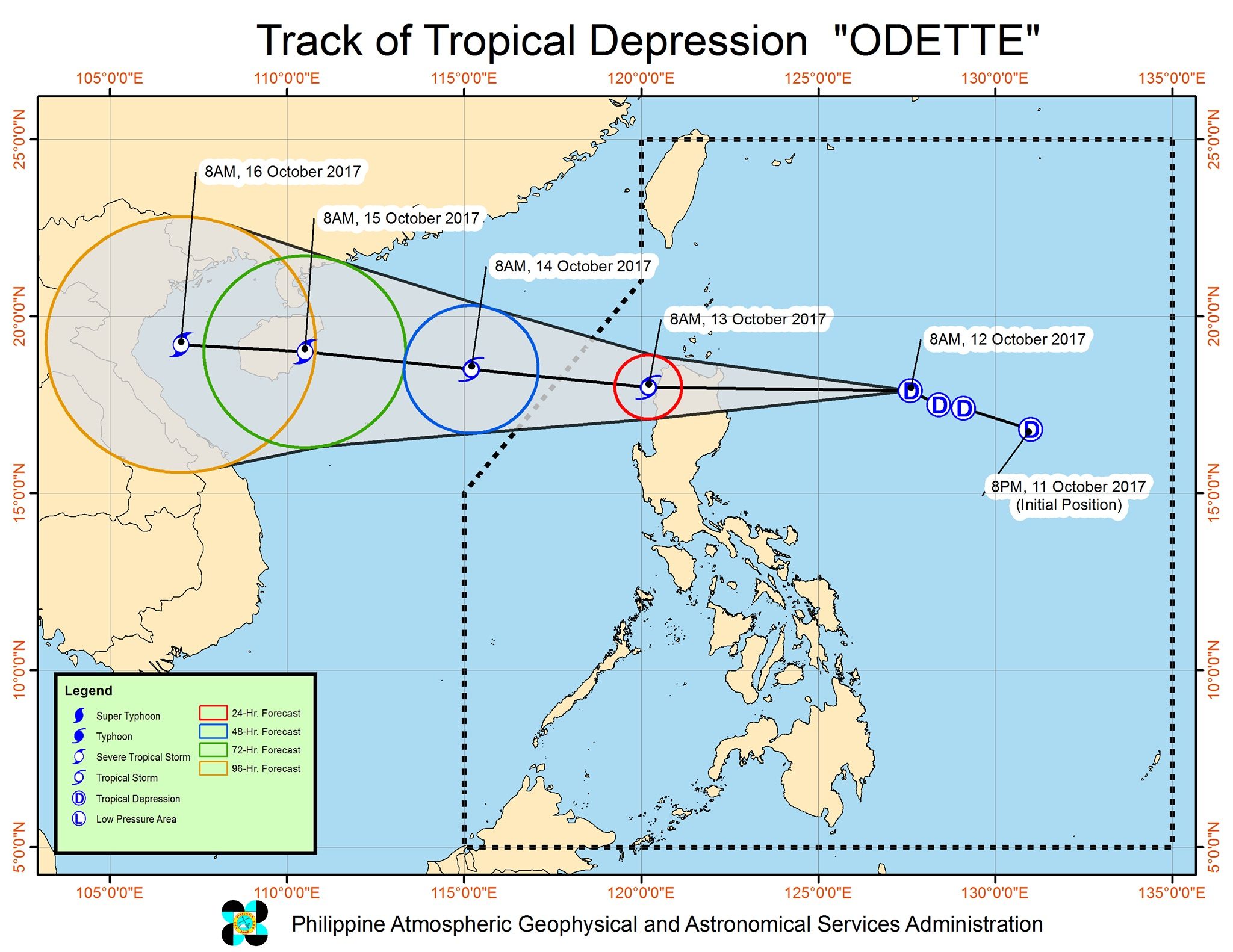 Forecast track of Tropical Depression Odette as of October 12, 11 am. Image courtesy of PAGASA 