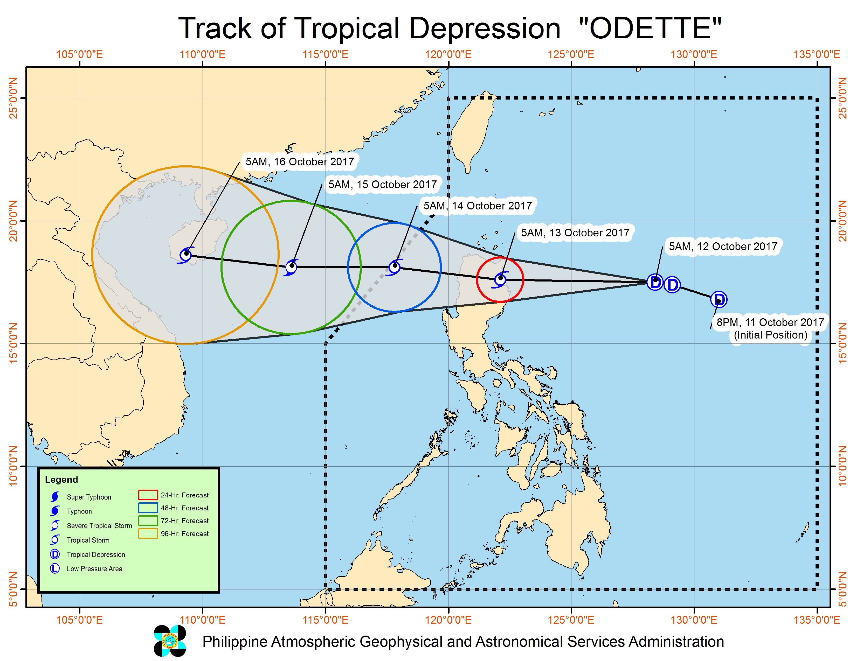 Forecast track of Tropical Depression Odette as of October 12, 8 am. Image courtesy of PAGASA 