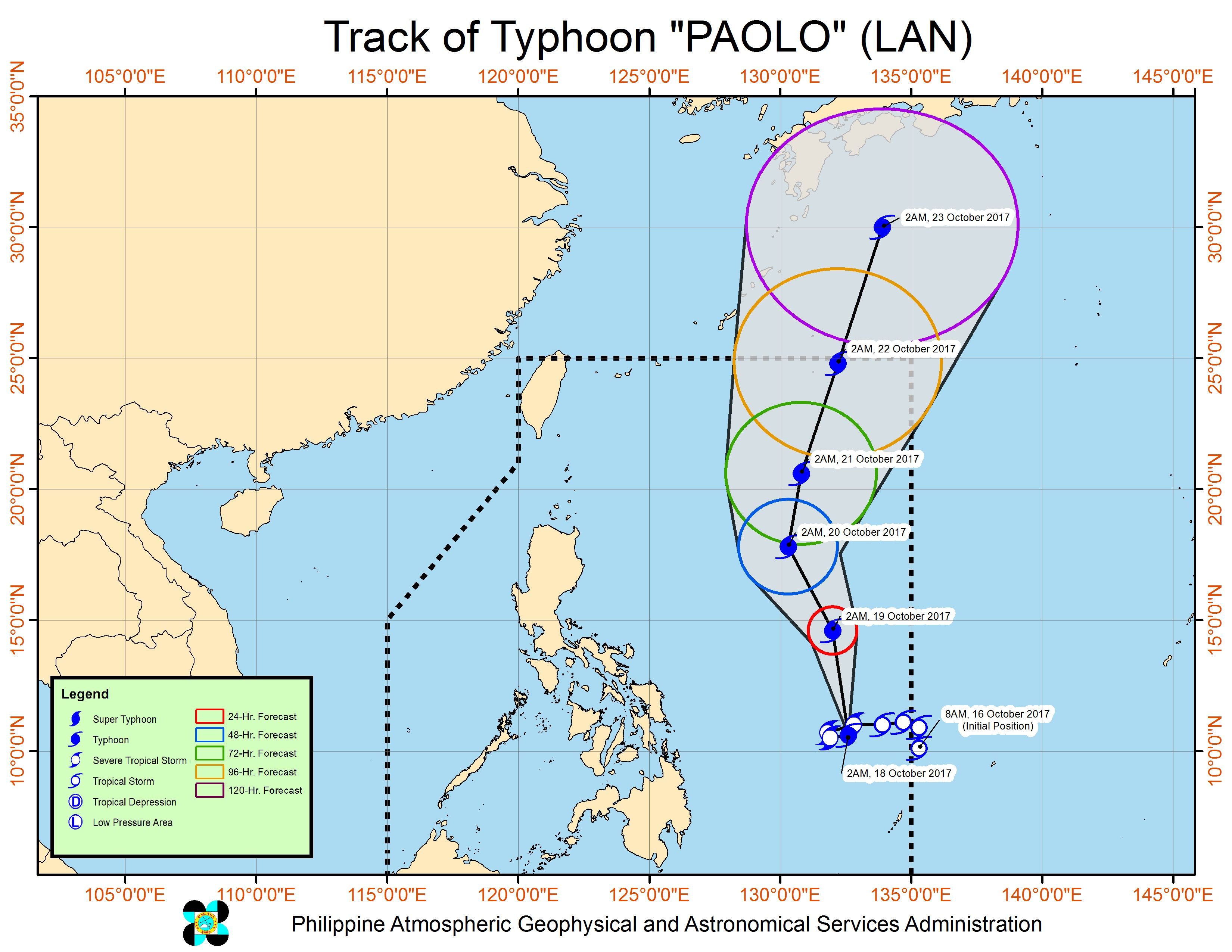Forecast track of Typhoon Paolo as of October 18, 5 am. Image courtesy of PAGASA 