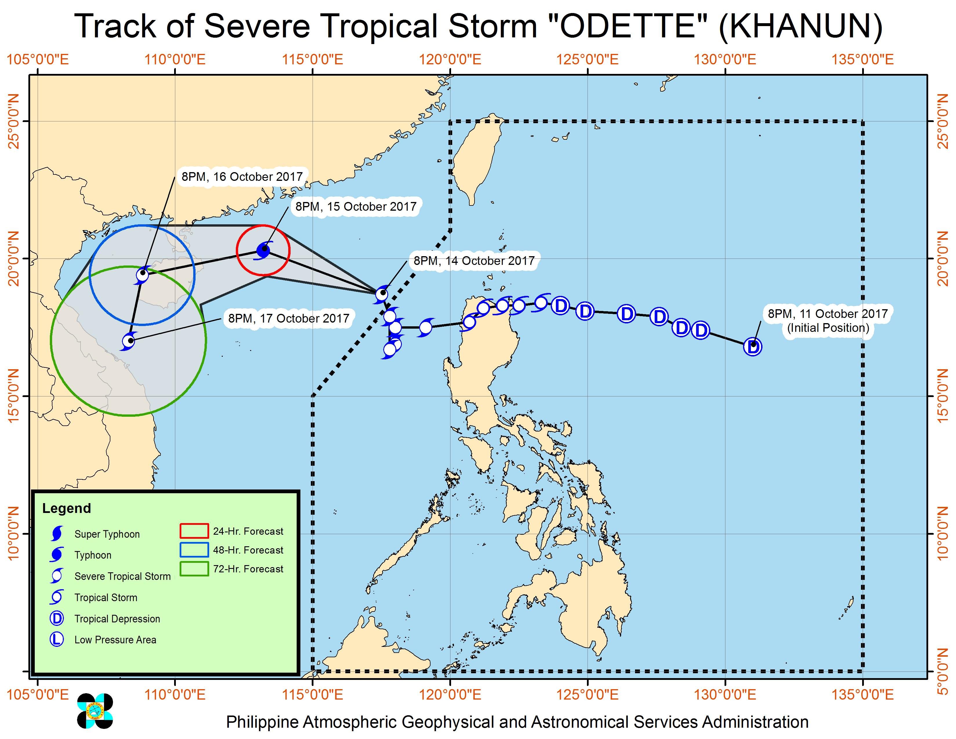 Forecast track of Severe Tropical Storm Odette as of October 14, 11 pm. Image courtesy of PAGASA 